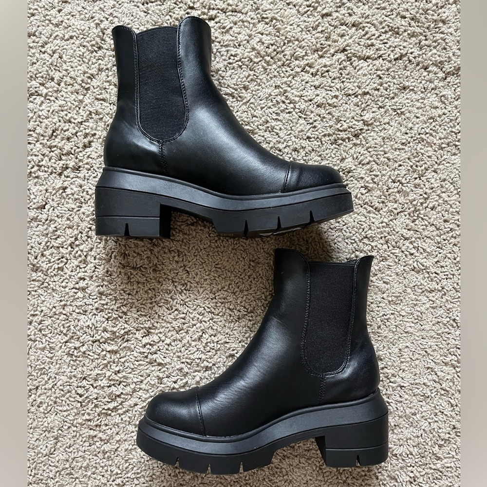 Black Vegan Leather Chunky Platform Heeled Boots